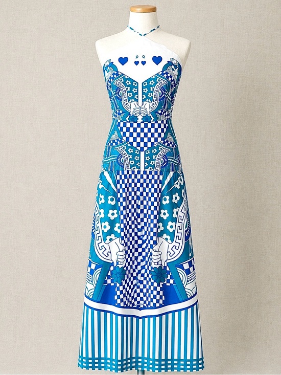CELINA MOON Dresses & Skirts - Celina Moon Mediterranean Print Halter Maxi Dress 100% Cotton Blue White Size M